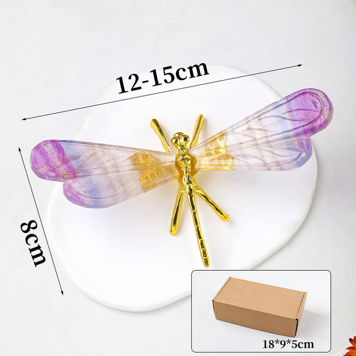 Décoration en pierre précieuse naturelle en fluorite arc-en-ciel Olivenorma, libellule