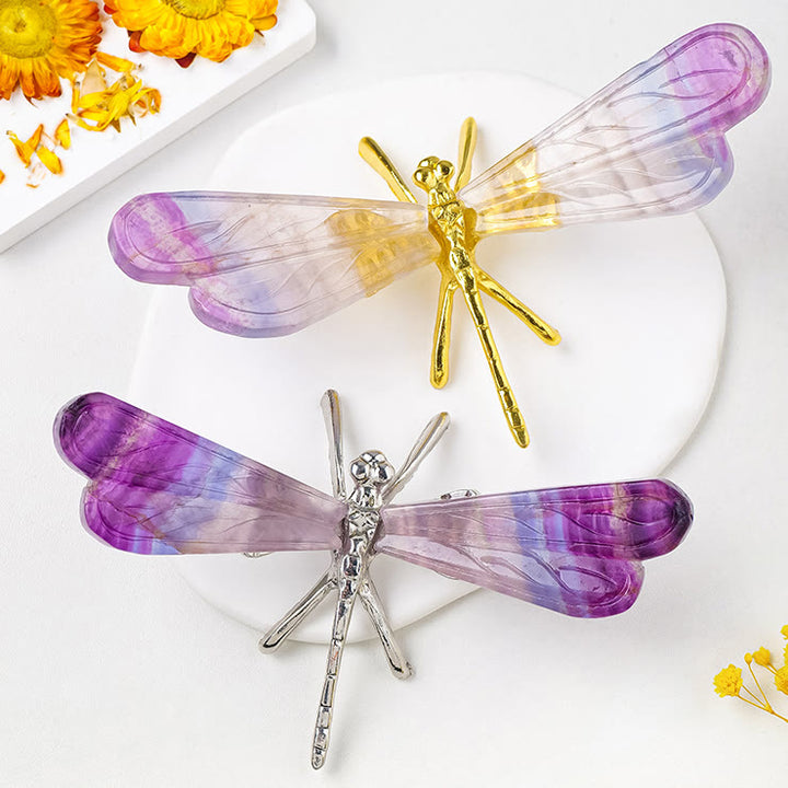 Décoration en pierre précieuse naturelle en fluorite arc-en-ciel Olivenorma, libellule