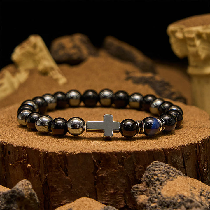 Bracelet Olivenorma pour homme en perles d'hématite, d'obsidienne et d'œil de tigre de 8 mm