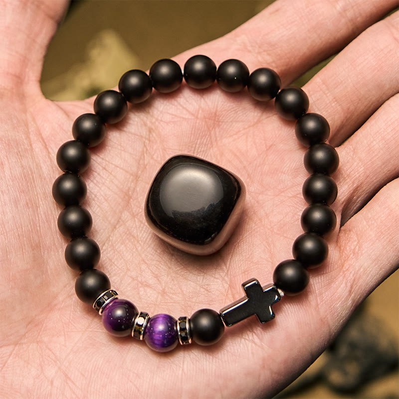 Bracelet Olivenorma pour homme en perles d'hématite, d'obsidienne et d'œil de tigre de 8 mm