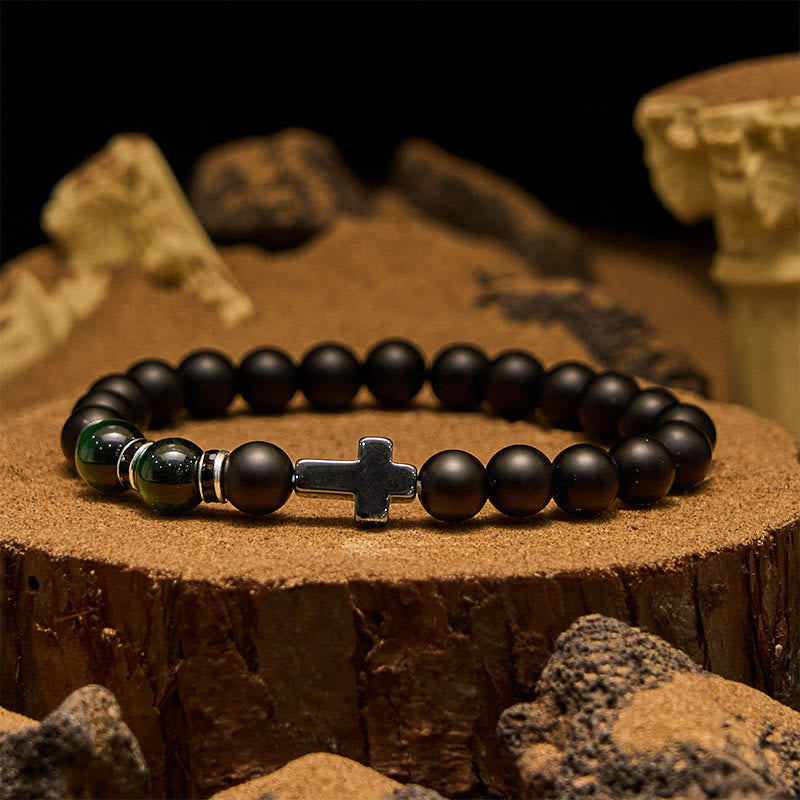 Bracelet Olivenorma pour homme en perles d'hématite, d'obsidienne et d'œil de tigre de 8 mm