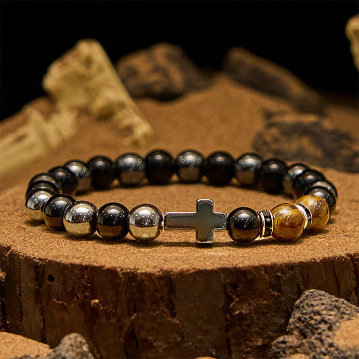 Bracelet Olivenorma pour homme en perles d'hématite, d'obsidienne et d'œil de tigre de 8 mm