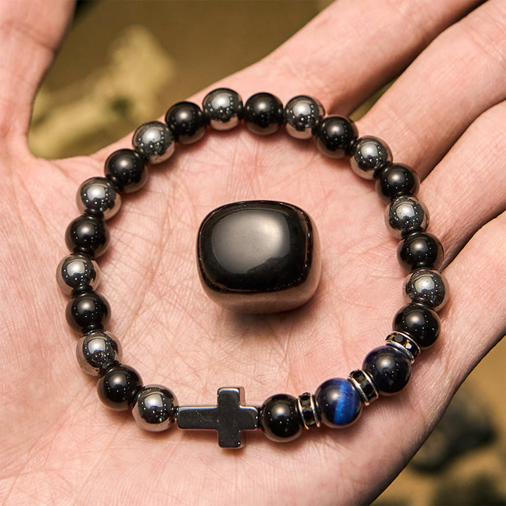 Bracelet Olivenorma pour homme en perles d'hématite, d'obsidienne et d'œil de tigre de 8 mm