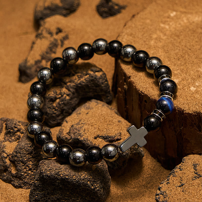 Bracelet Olivenorma pour homme en perles d'hématite, d'obsidienne et d'œil de tigre de 8 mm