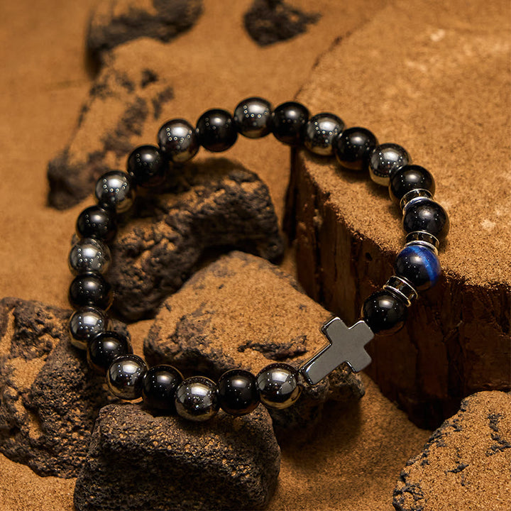 Bracelet Olivenorma pour homme en perles d'hématite, d'obsidienne et d'œil de tigre de 8 mm