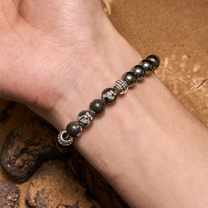 Bracelet homme Olivenorma en perles d'hématite et d'obsidienne flocon de neige
