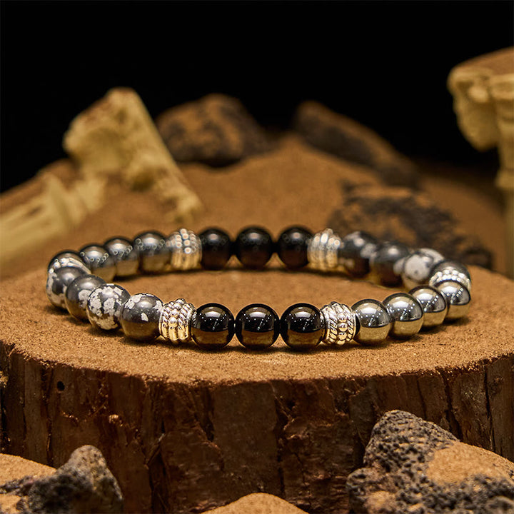 Bracelet homme Olivenorma en perles d'hématite et d'obsidienne flocon de neige