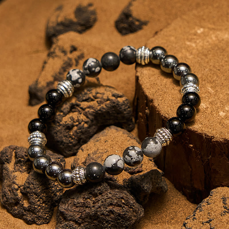 Bracelet homme Olivenorma en perles d'hématite et d'obsidienne flocon de neige