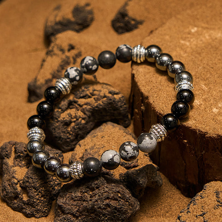 Bracelet homme Olivenorma en perles d'hématite et d'obsidienne flocon de neige