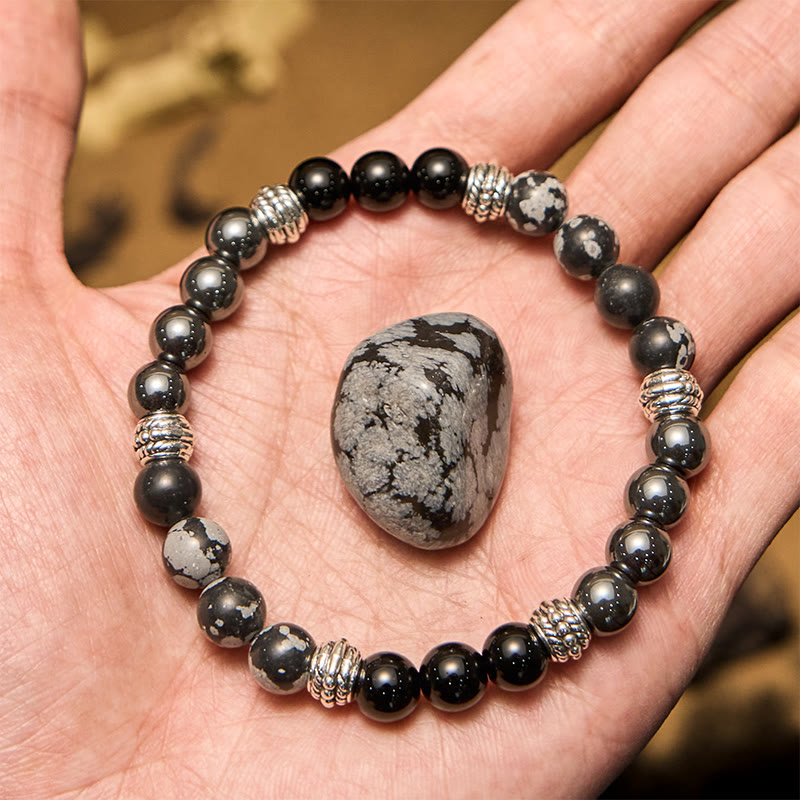 Bracelet homme Olivenorma en perles d'hématite et d'obsidienne flocon de neige