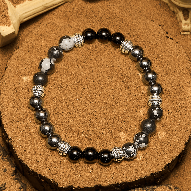 Bracelet homme Olivenorma en perles d'hématite et d'obsidienne flocon de neige