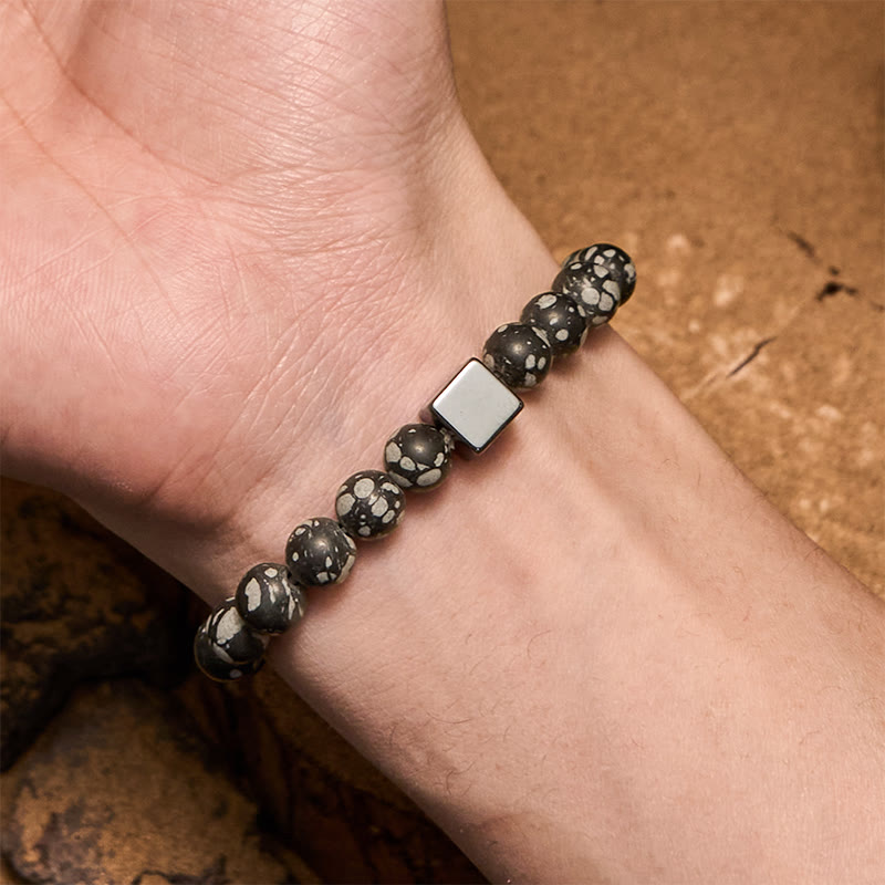 Bracelet en perles d'hématite carrées en obsidienne flocon de neige Olivenorma