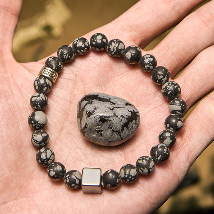 Bracelet en perles d'hématite carrées en obsidienne flocon de neige Olivenorma
