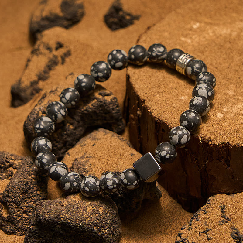 Bracelet en perles d'hématite carrées en obsidienne flocon de neige Olivenorma