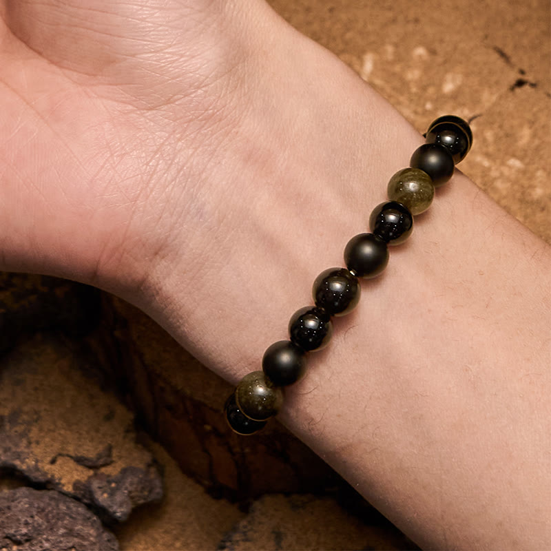 Bracelet homme Olivenorma en perles d'onyx noir et d'obsidienne dorée