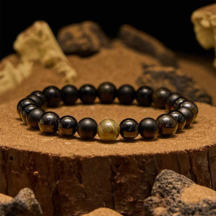 Bracelet homme Olivenorma en perles d'onyx noir et d'obsidienne dorée