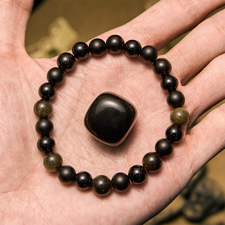 Bracelet homme Olivenorma en perles d'onyx noir et d'obsidienne dorée