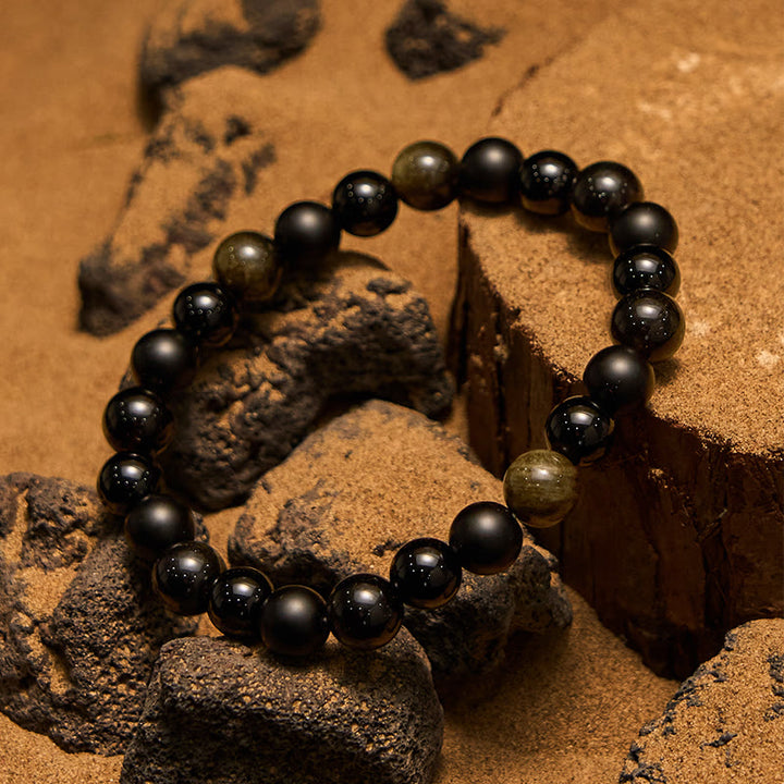 Bracelet homme Olivenorma en perles d'onyx noir et d'obsidienne dorée