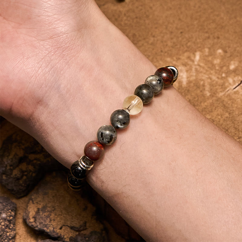 Bracelet Olivenorma pour homme en perles d'acajou, d'obsidienne et de labradorite