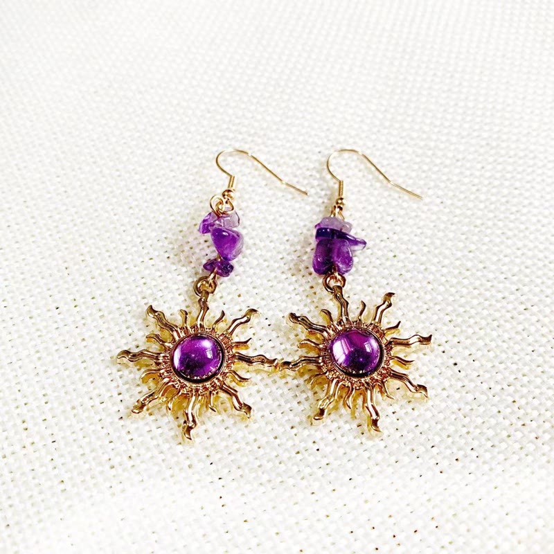 Boucles d'oreilles soleil en perles de gravier d'améthyste naturelle Olivenorma