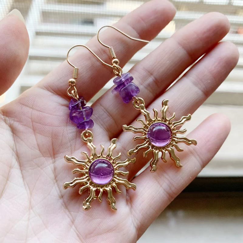Boucles d'oreilles soleil en perles de gravier d'améthyste naturelle Olivenorma