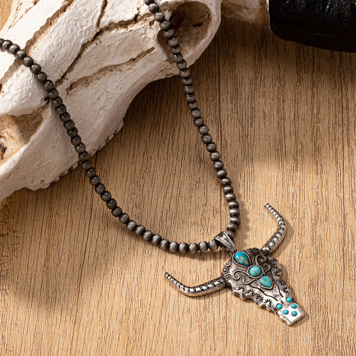 Collier pendentif tête de taureau turquoise en perles de pierre naturelle Olivenorma