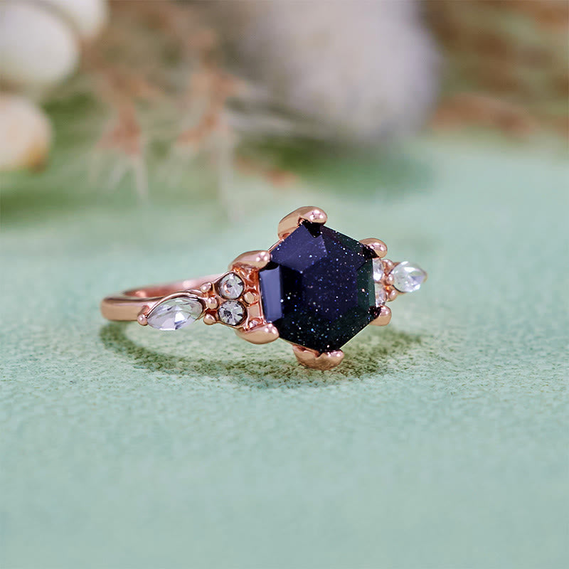 Bague de fiançailles Olivenorma en grès bleu à coupe hexagonale et feuille de moissanite