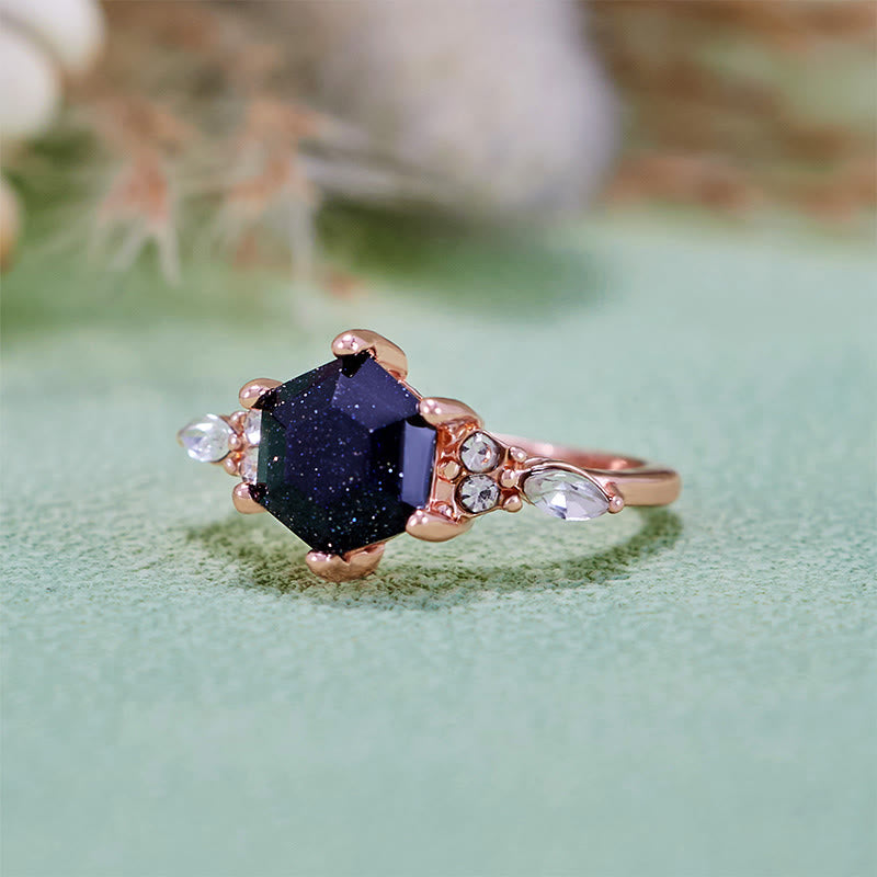 Bague de fiançailles Olivenorma en grès bleu à coupe hexagonale et feuille de moissanite