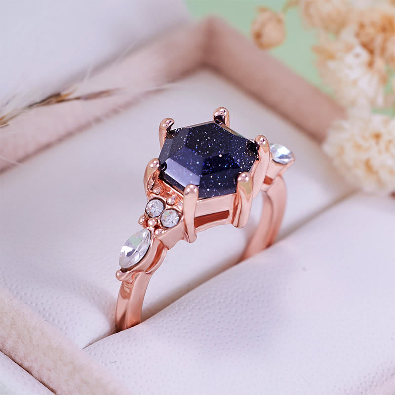 Bague de fiançailles Olivenorma en grès bleu à coupe hexagonale et feuille de moissanite