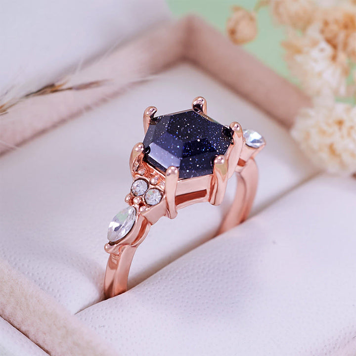 Bague de fiançailles Olivenorma en grès bleu à coupe hexagonale et feuille de moissanite