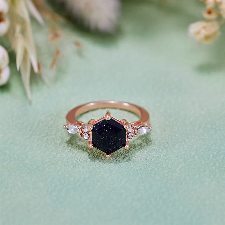 Bague de fiançailles Olivenorma en grès bleu à coupe hexagonale et feuille de moissanite