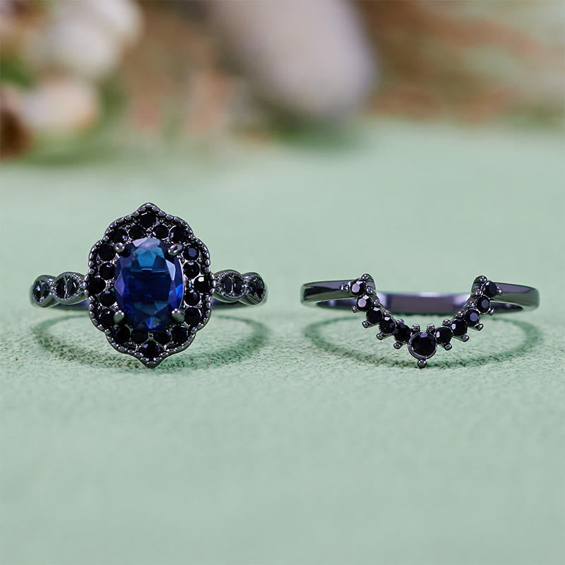 Parure de mariée florale Olivenorma en or noir et saphir ovale
