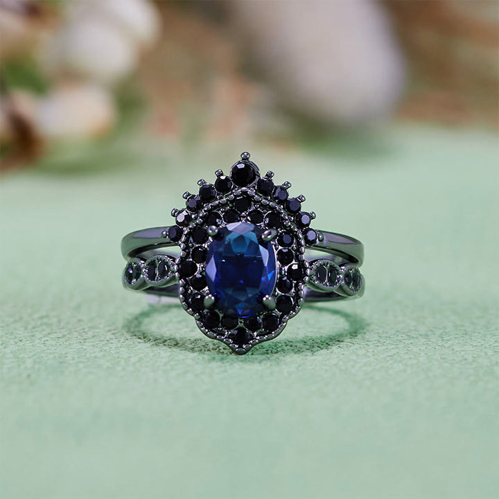 Parure de mariée florale Olivenorma en or noir et saphir ovale