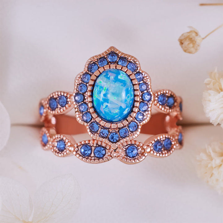 Olivenorma Ensemble de 2 bagues en or rose, saphir et opale bleue