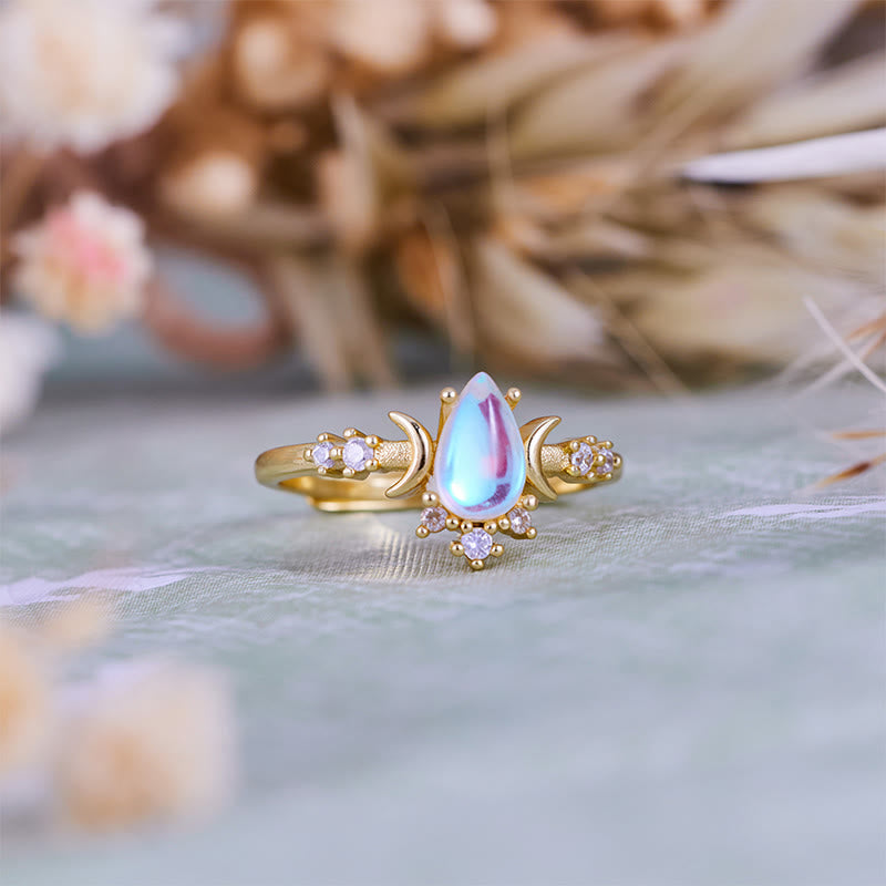 Bague double lune en pierre de lune artificielle taille goutte Olivenorma