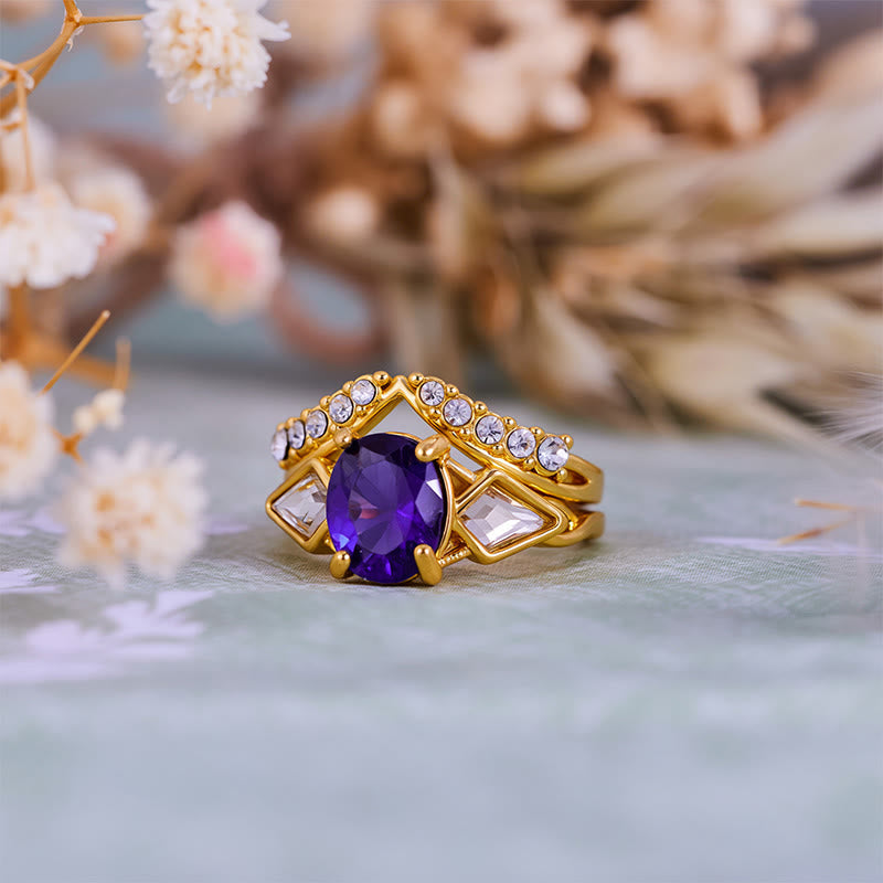 Olivenorma Lot de 2 bagues ovales en améthyste et zircon blanc