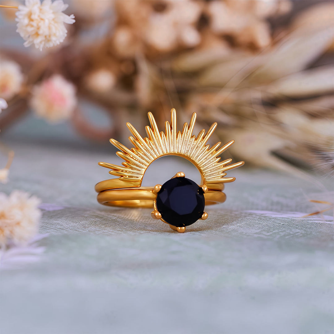 Ensemble de bagues Olivenorma en obsidienne et motif rayons de soleil