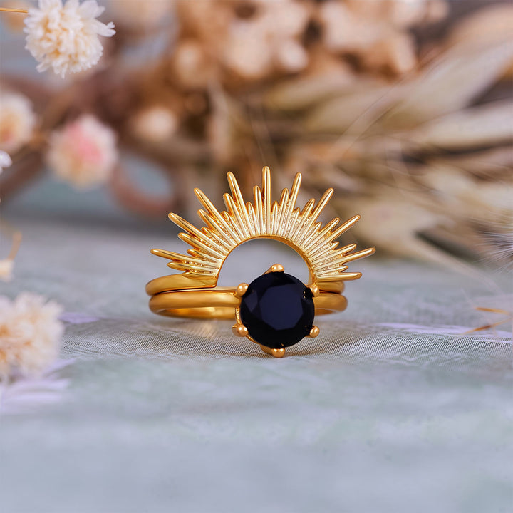 Ensemble de bagues Olivenorma en obsidienne et motif rayons de soleil