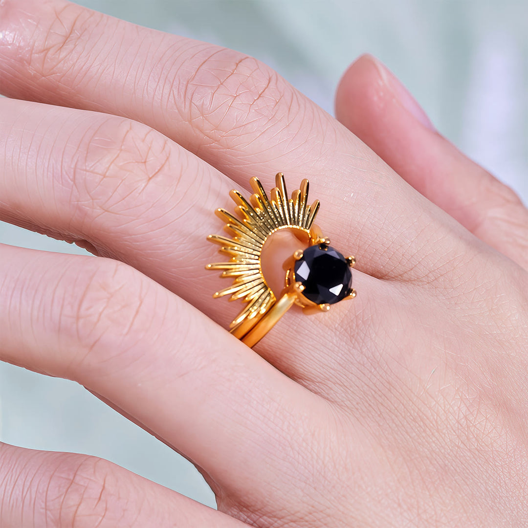 Ensemble de bagues Olivenorma en obsidienne et motif rayons de soleil