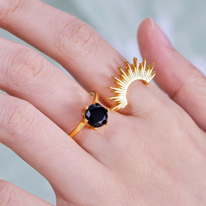 Ensemble de bagues Olivenorma en obsidienne et motif rayons de soleil