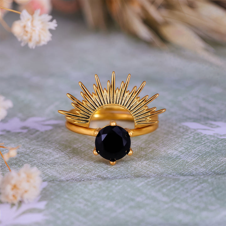 Ensemble de bagues Olivenorma en obsidienne et motif rayons de soleil