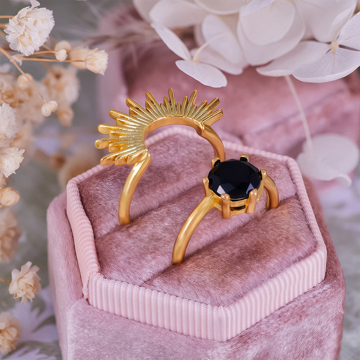 Ensemble de bagues Olivenorma en obsidienne et motif rayons de soleil