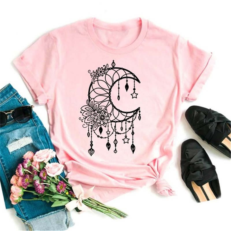 T-shirt rose imprimé lune et lotus noir en polyester Olivenorma