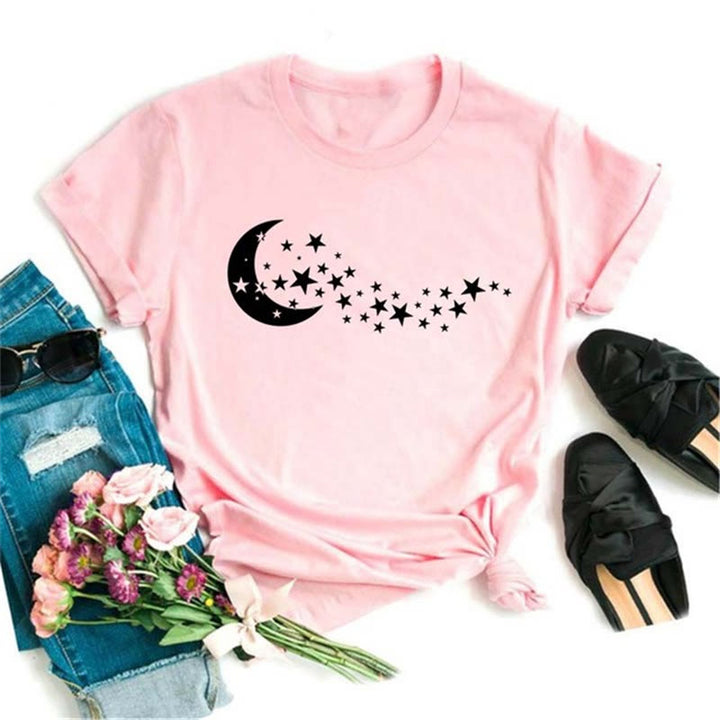 T-shirt rose imprimé lune et lotus noir en polyester Olivenorma