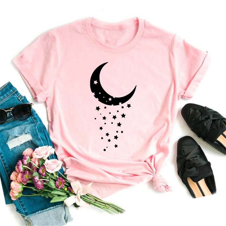 T-shirt rose imprimé lune et lotus noir en polyester Olivenorma
