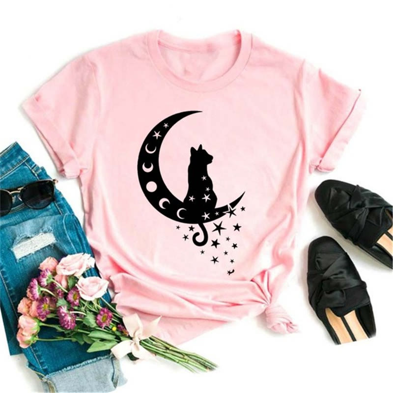 T-shirt rose imprimé lune et lotus noir en polyester Olivenorma