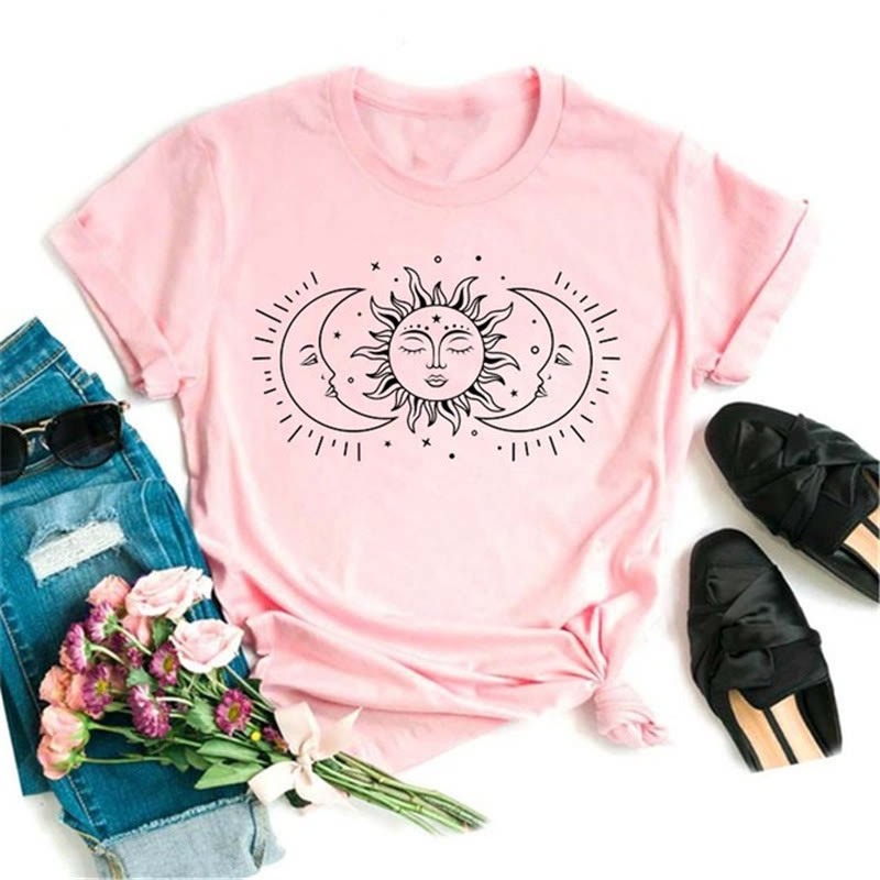 T-shirt rose imprimé lune et lotus noir en polyester Olivenorma