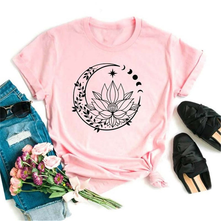 T-shirt rose imprimé lune et lotus noir en polyester Olivenorma