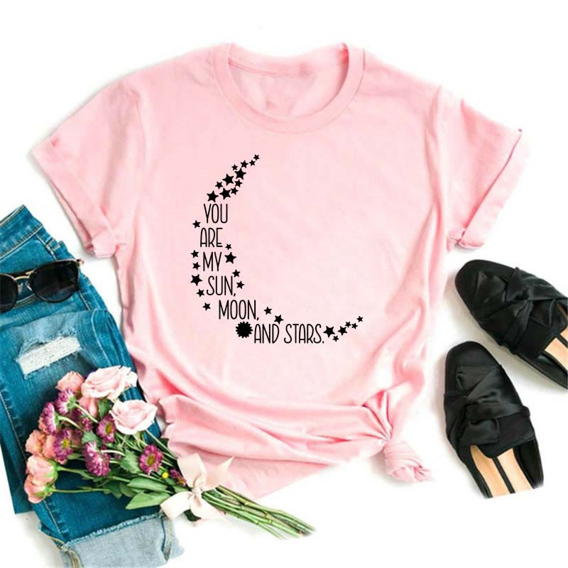T-shirt rose imprimé lune et lotus noir en polyester Olivenorma
