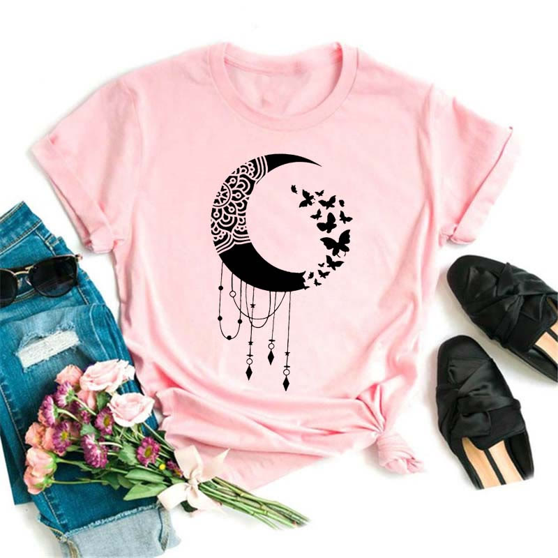 T-shirt rose imprimé lune et lotus noir en polyester Olivenorma